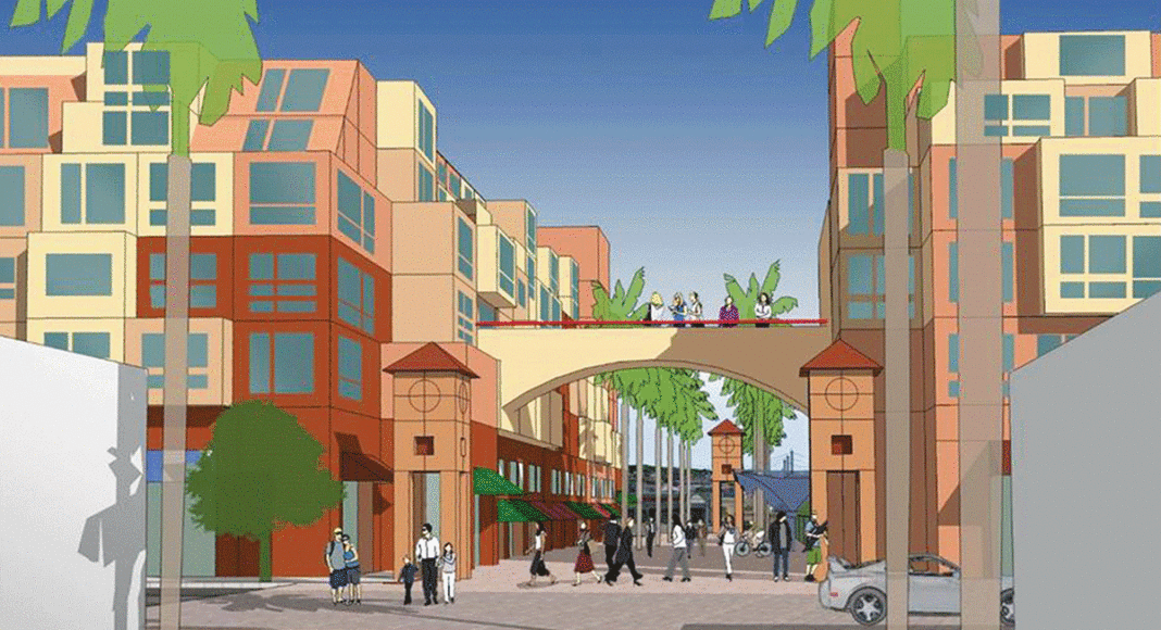 Santa Cruz YIMBY - A 2015 rendering of the vision for a new Pacific Avenue bus station with housing above.