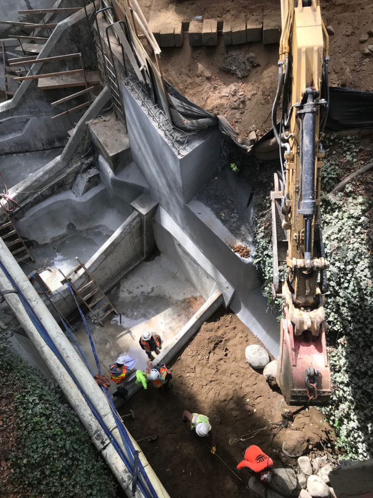 View from overhead of construction work on the Fall Creek Fish Ladder