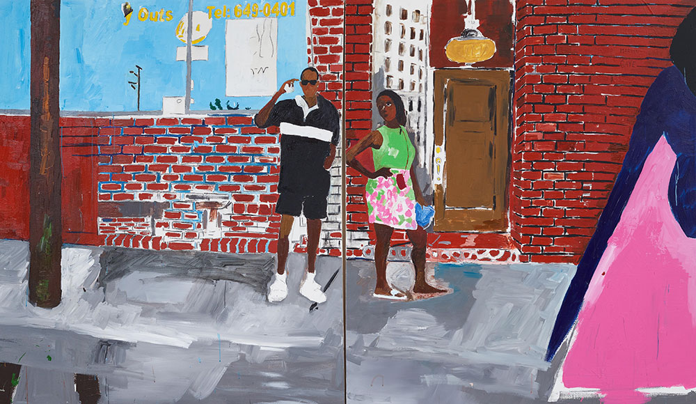 A painting called "Split" of a black woman and man standing on the street in front of a brick wall, a typical L.A. scene.