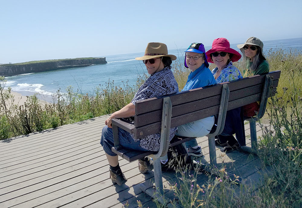 Four people on a bench overlooking an ocean cove