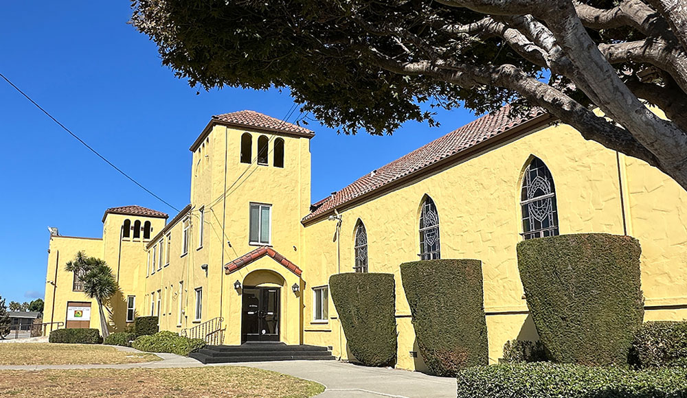 Photo of the front of a church